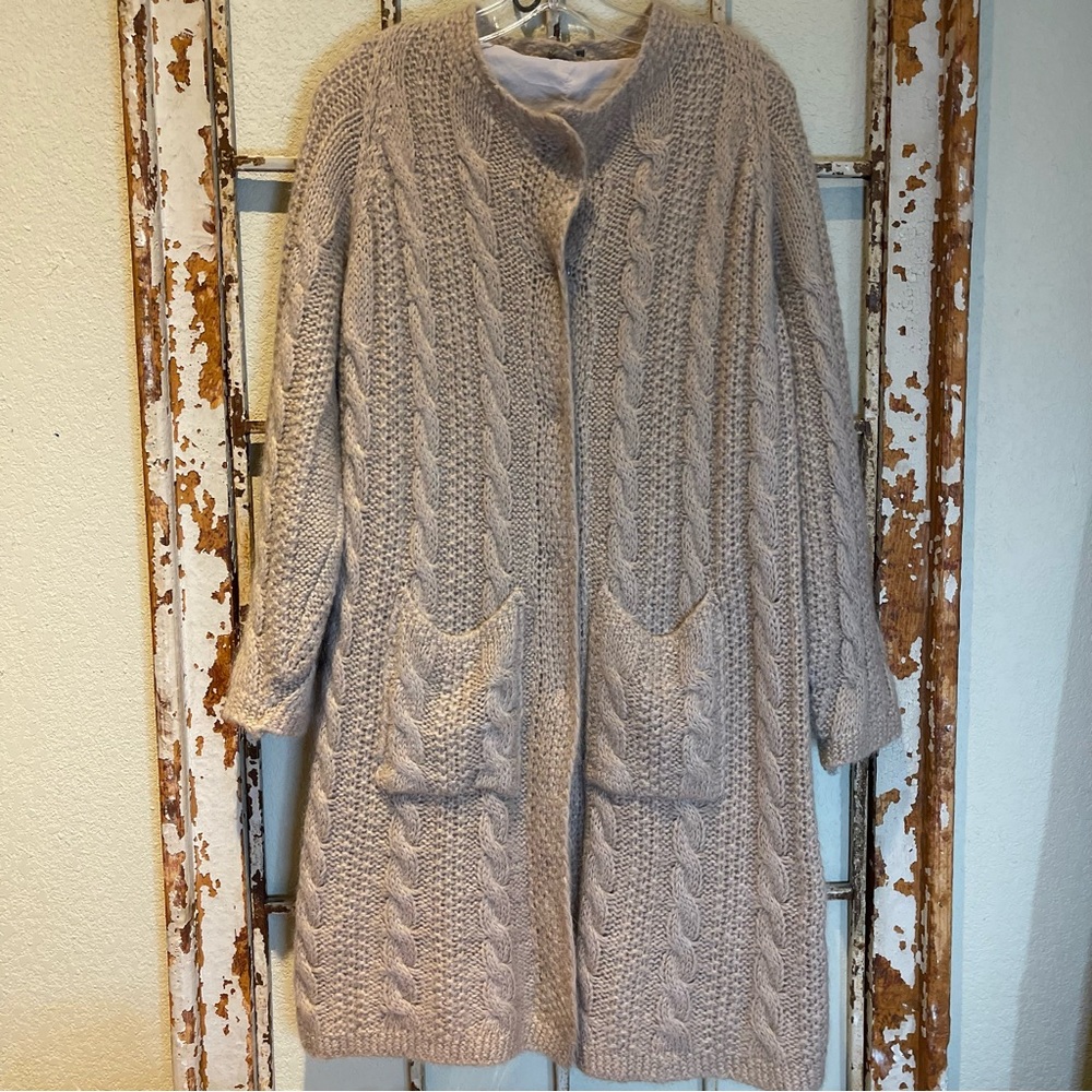 DIXIE Made in Italy Mohair Mix Knitted Lined Long Taupe Cardigan size M